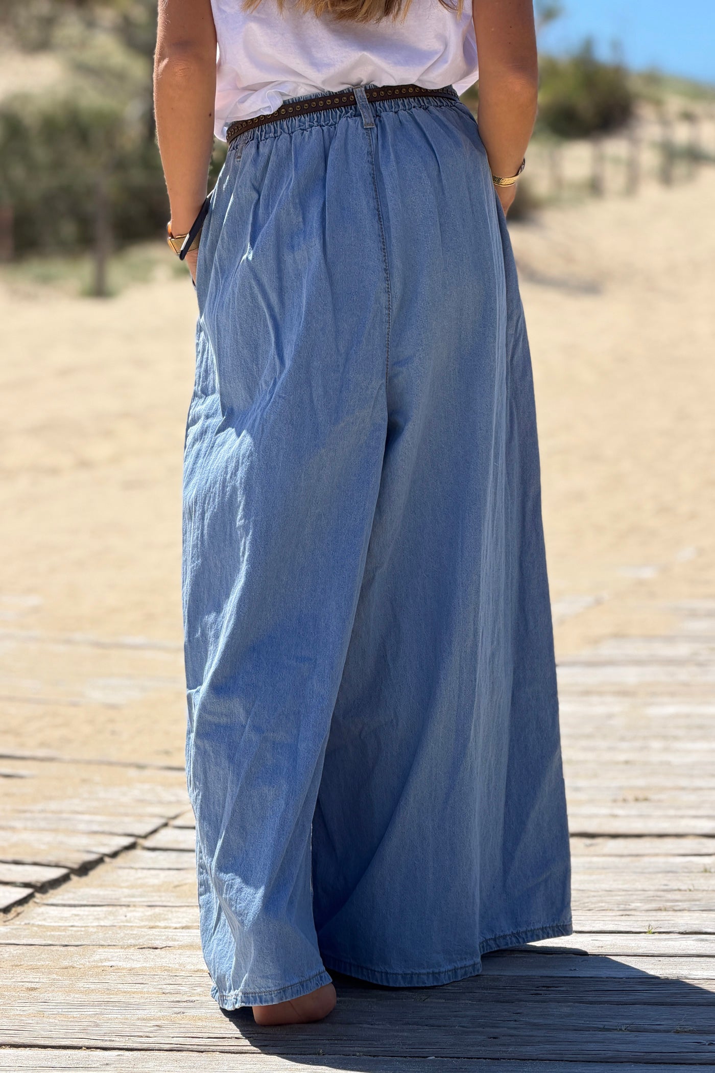 Light Chambray Draped Wide Leg Trouser Jeans with Studded Belt