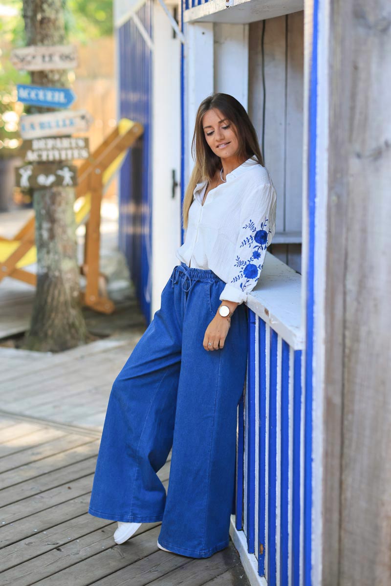 Stretch dark denim wide leg pants with elasticated waist