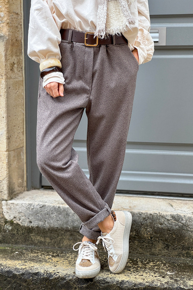 Gray Herringbone Tweed Pull-On Pants with Belt