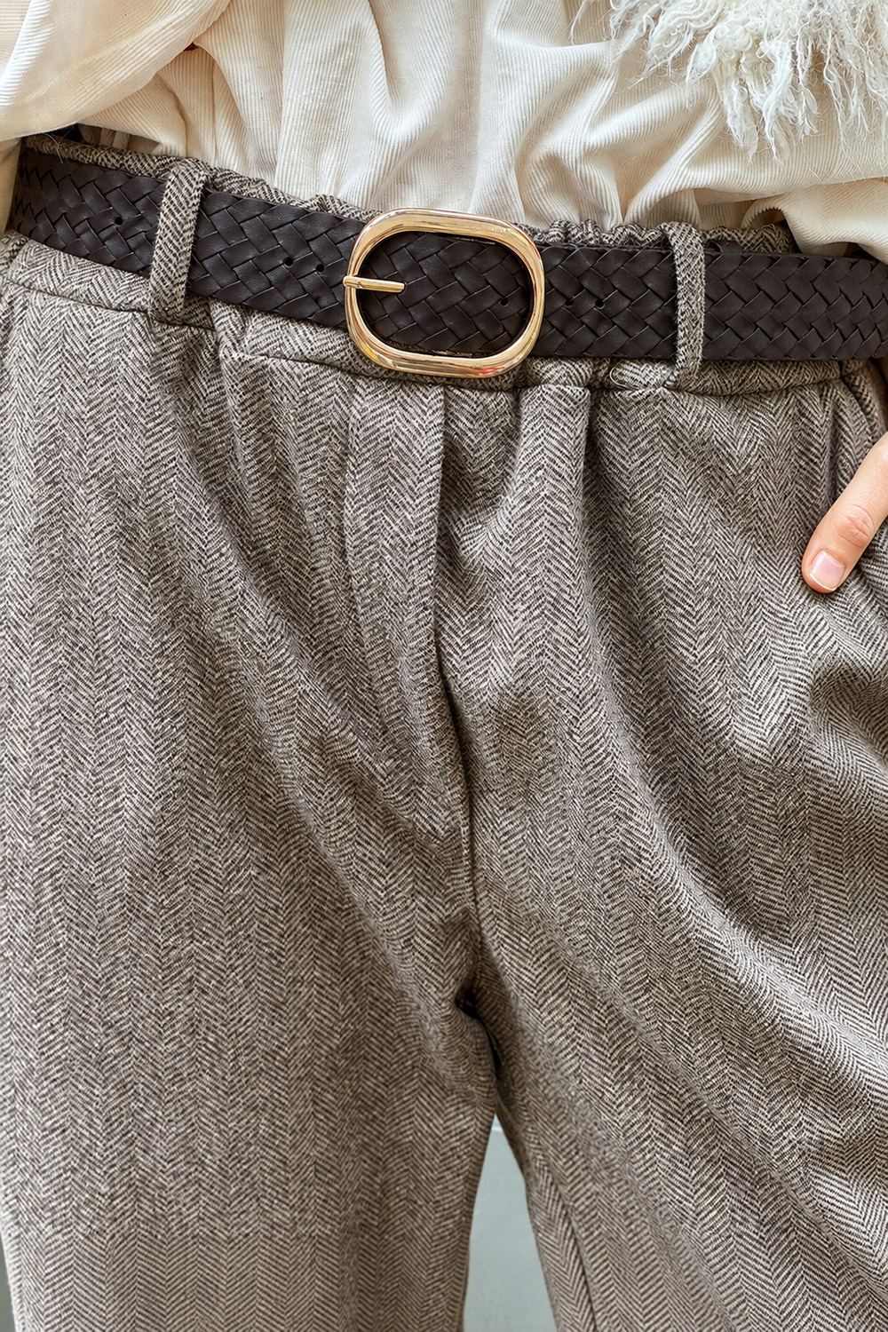 Gray Herringbone Tweed Pull-On Pants with Belt
