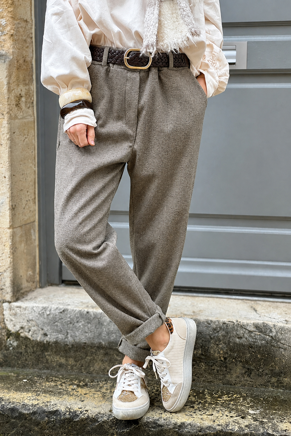 Gray Herringbone Tweed Pull-On Pants with Belt