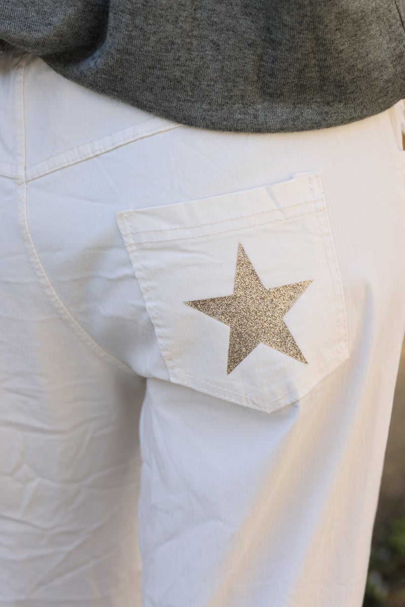 Pantalon confort beige en toile stretch étoile brillante