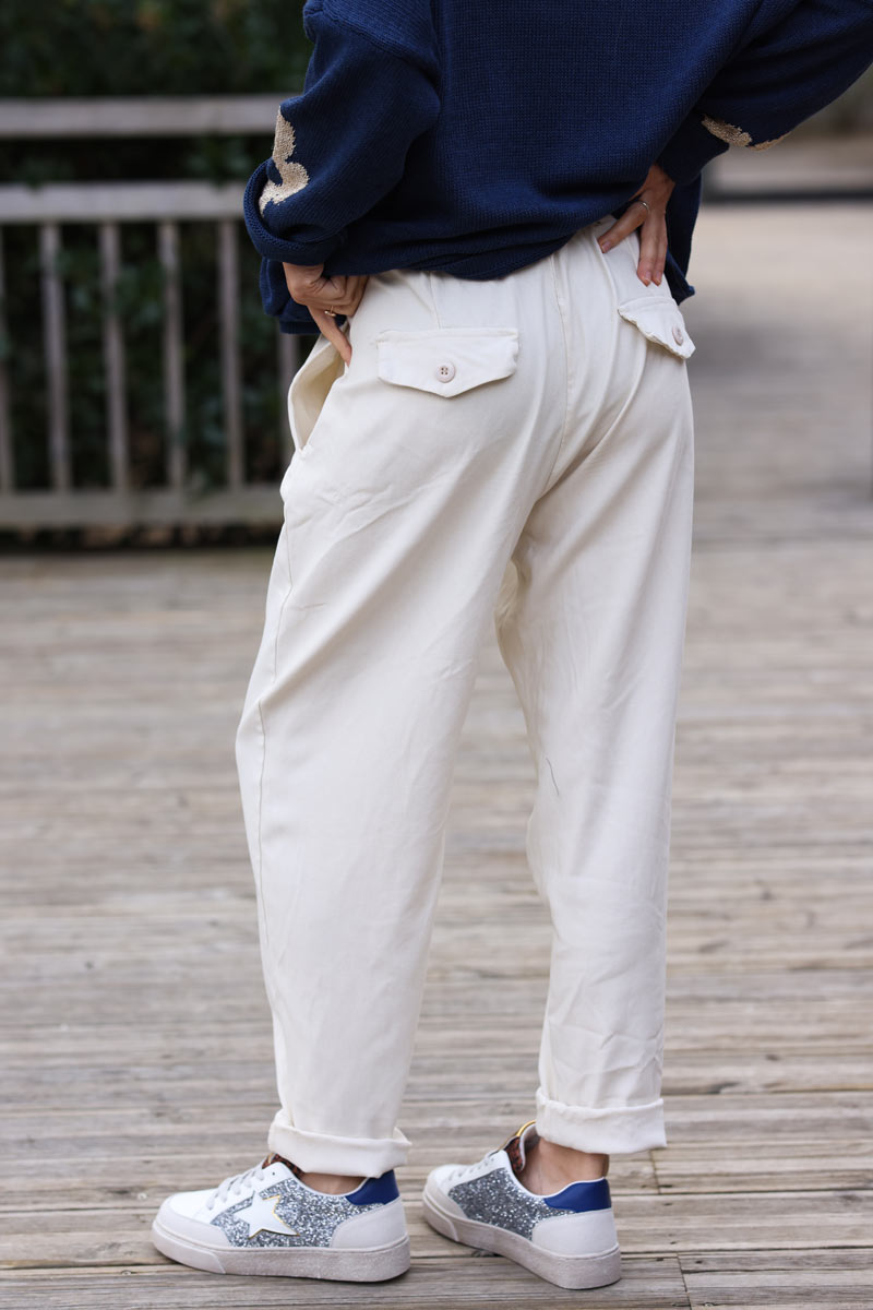 Pantalon écru en toile extra stretch confort ceinture élastique