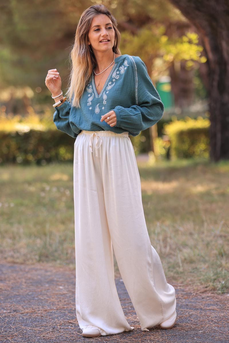 Ecru silky wide-leg floaty pants