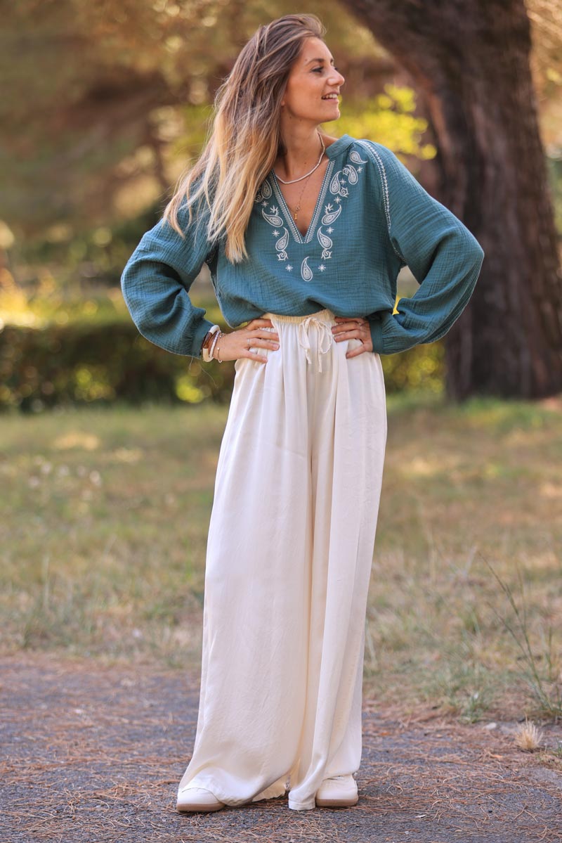 Ecru silky wide-leg floaty pants