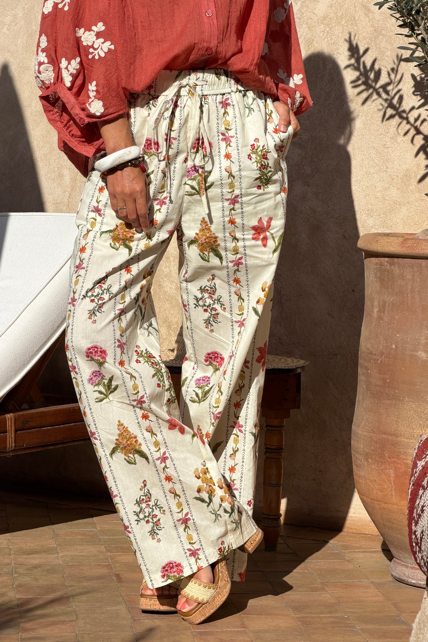 Beige Floral Border Print Pull-On Pants