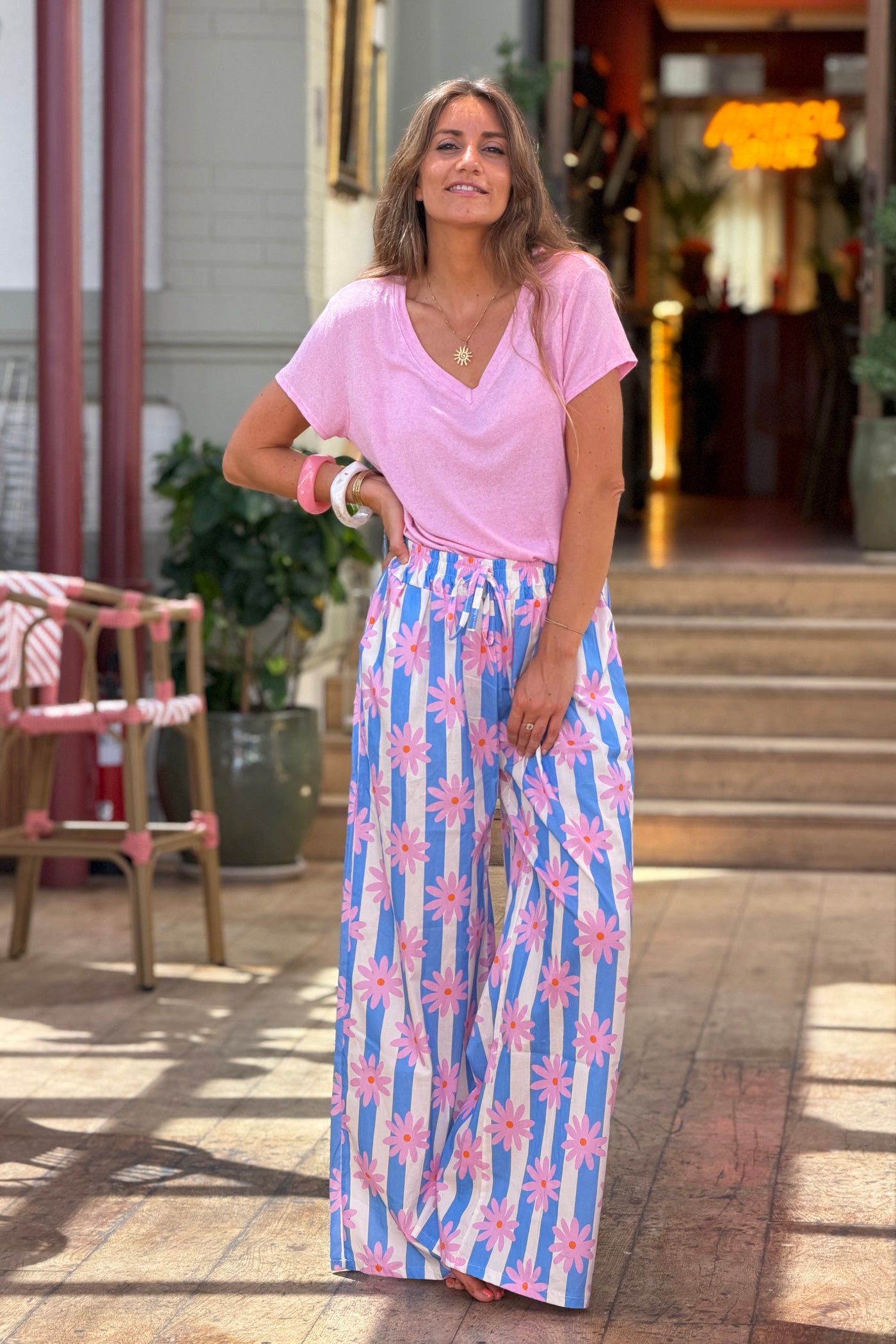 Blue Daisy Stripe Drawstring Palazzo Pants
