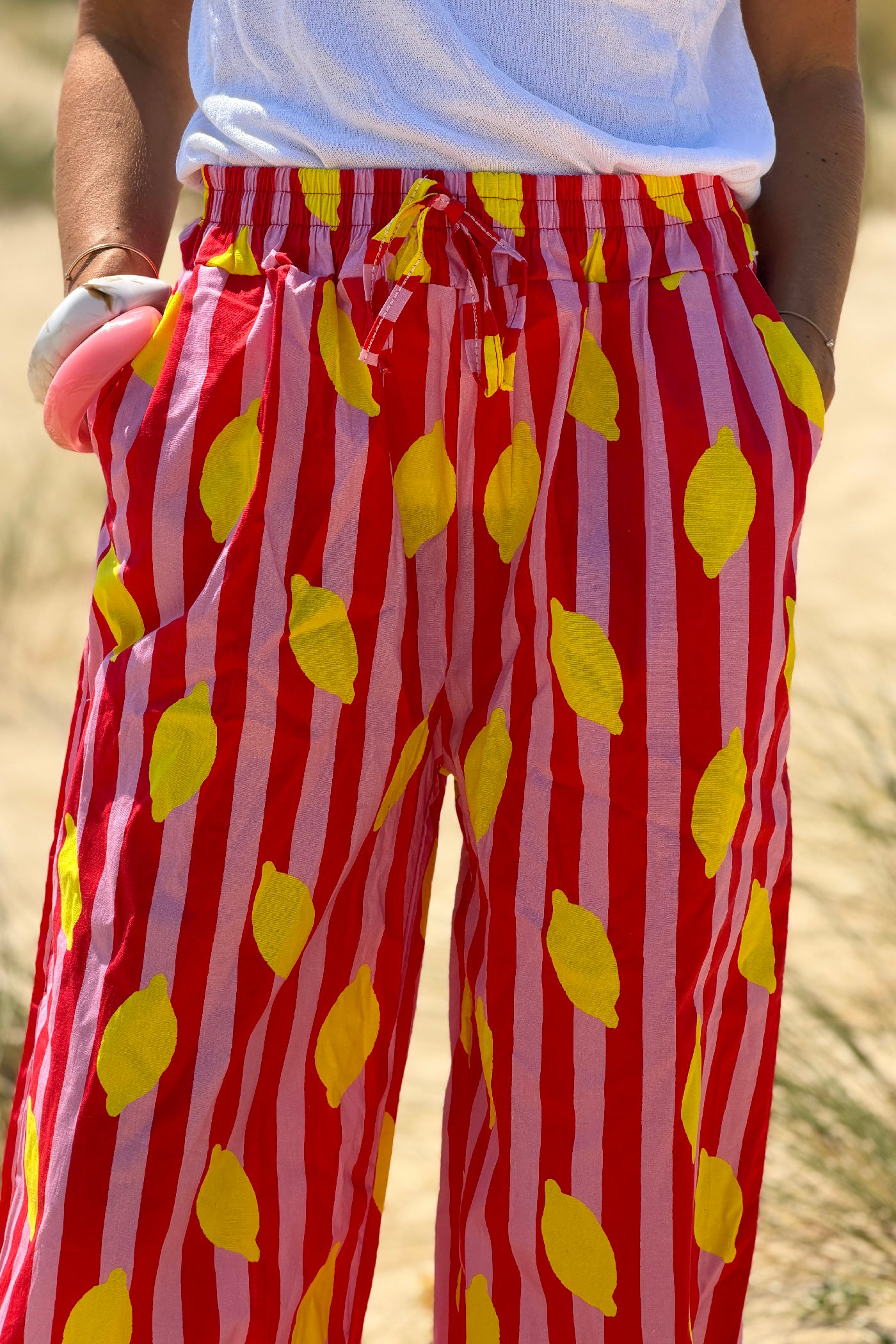 Pink Lemon Stripe Drawstring Palazzo Pants
