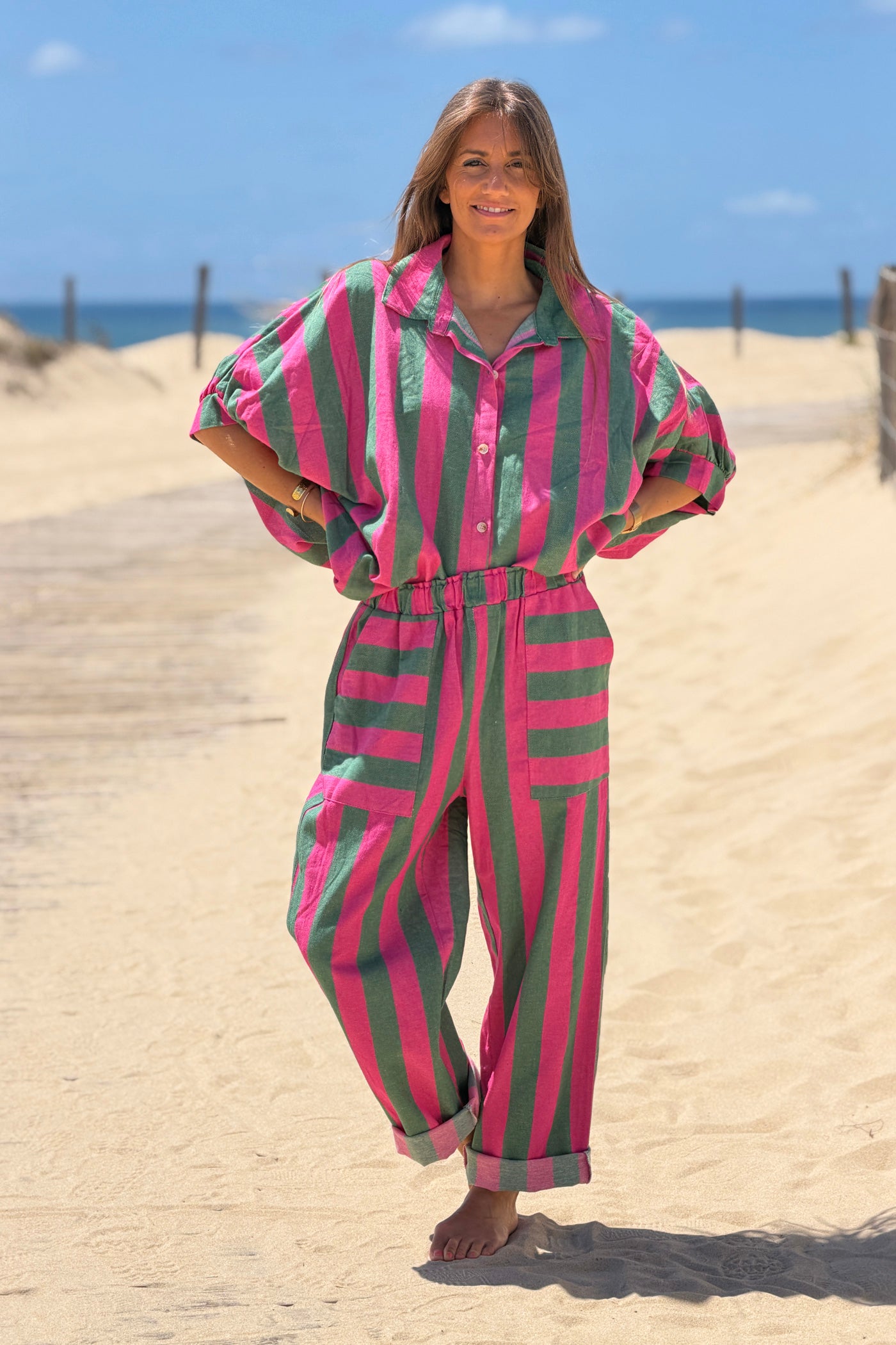 Pink Colorblock Striped Beach Pants
