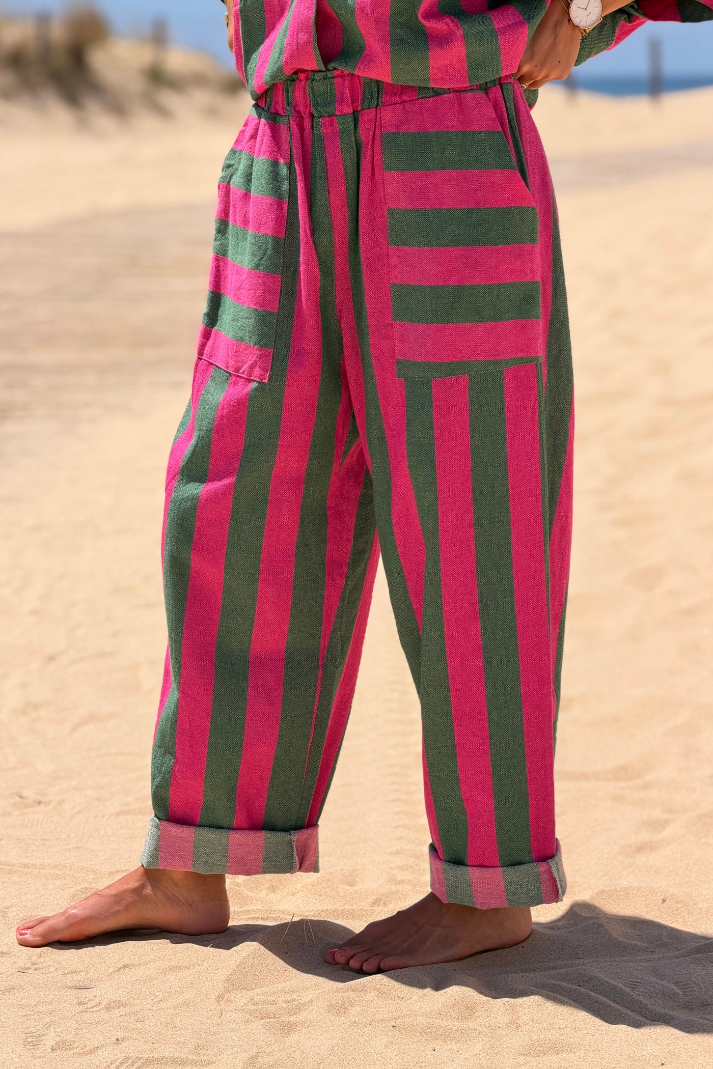 Pink Colorblock Striped Beach Pants
