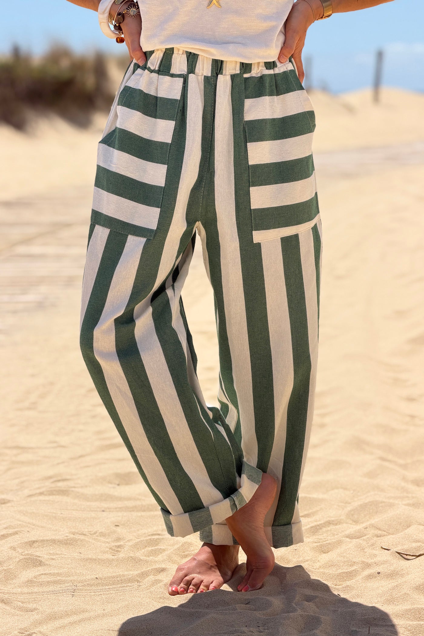 Green Colorblock Striped Beach Pants