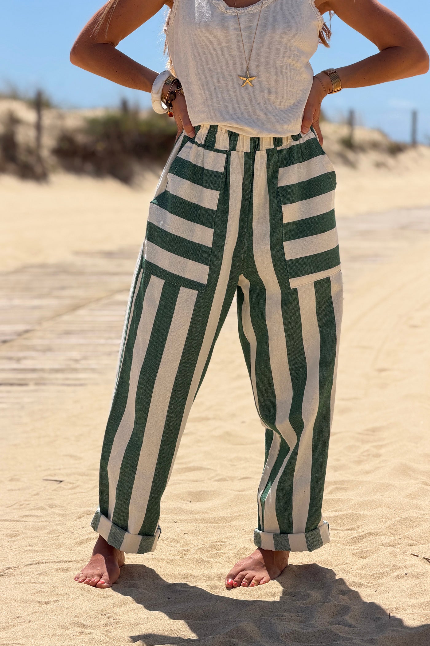 Green Colorblock Striped Beach Pants