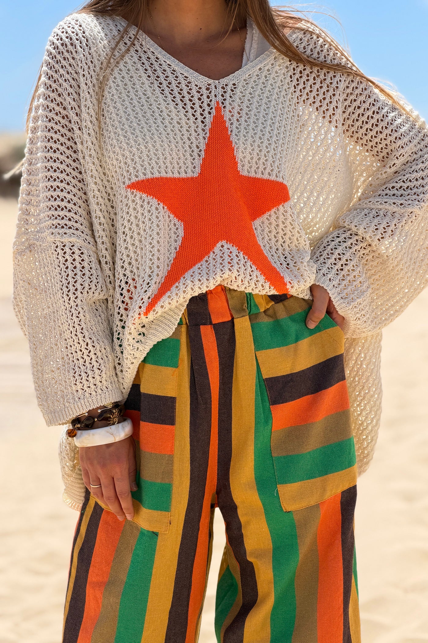 Yellow Colorblock Striped Beach Pants
