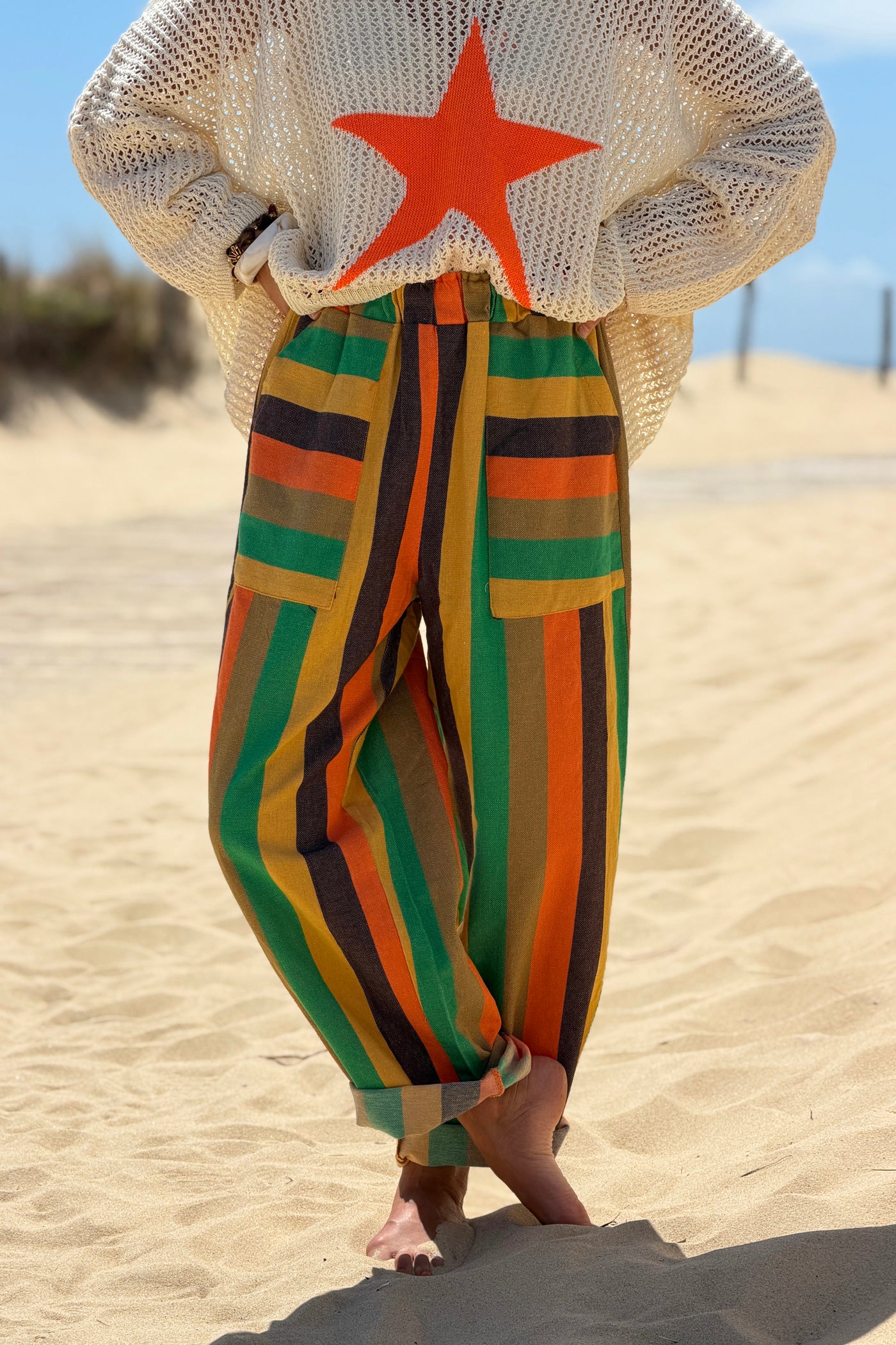 Yellow Colorblock Striped Beach Pants
