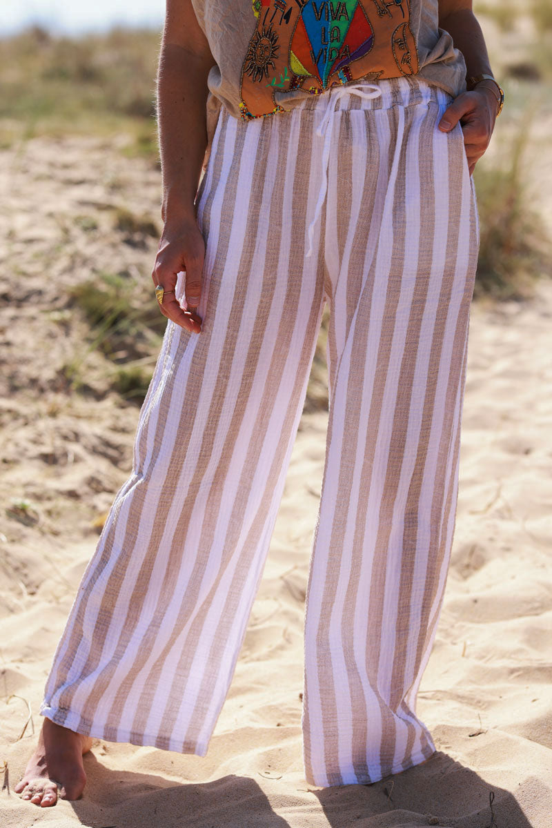 Pantalon en gaze de coton à rayures beige wide leg ceinture élastique