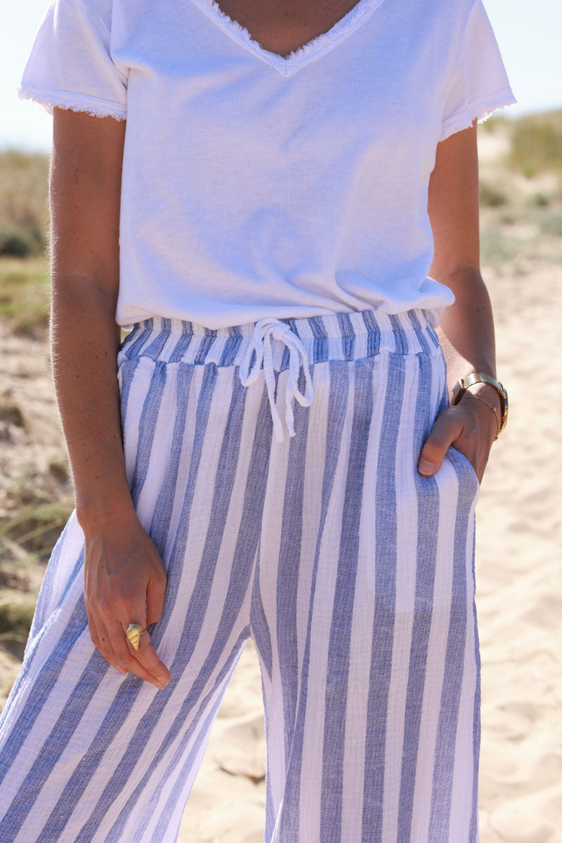 Dusty Blue Striped Gauze Casual Pants