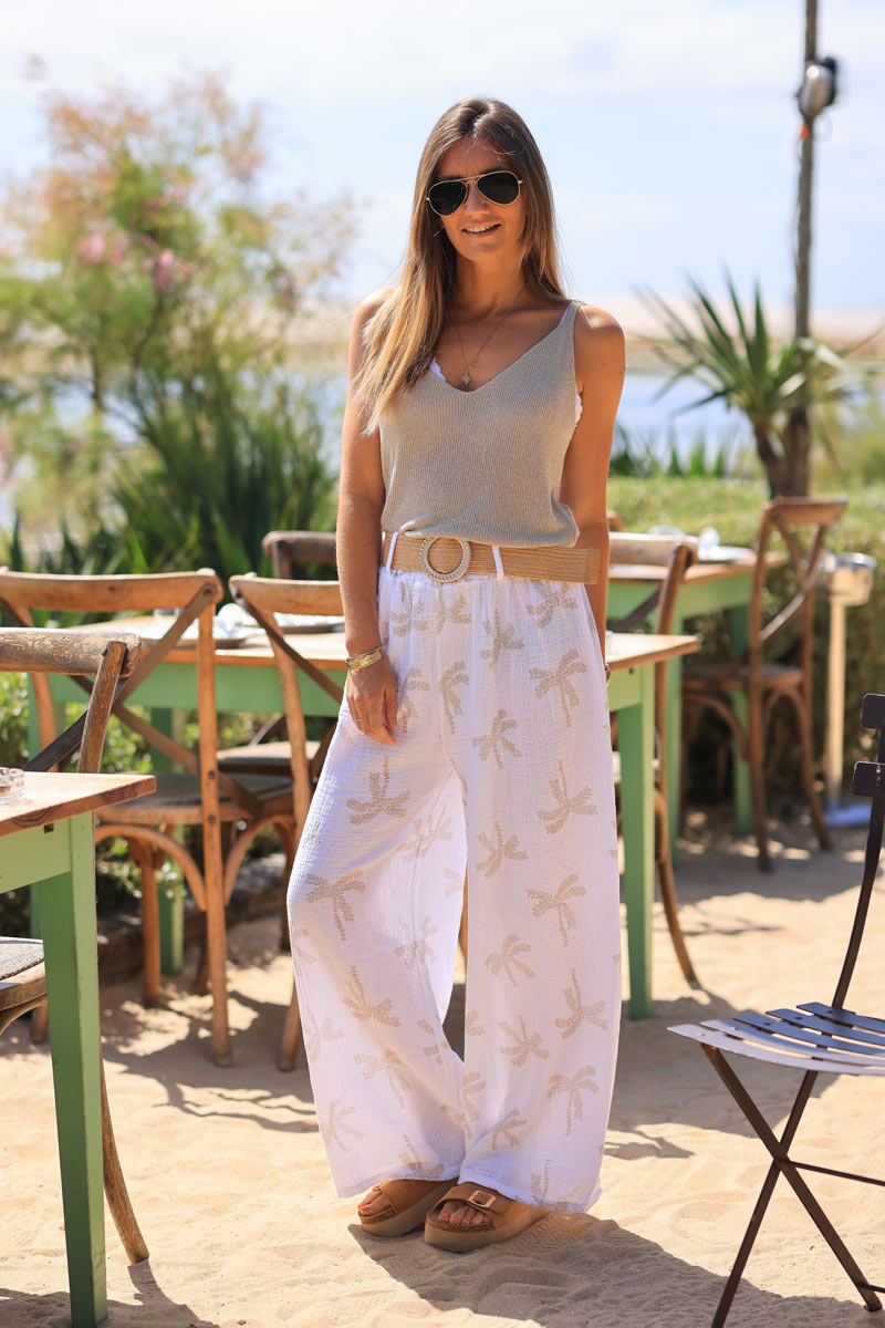 White cotton gauze pants with beige embroidered palm tree