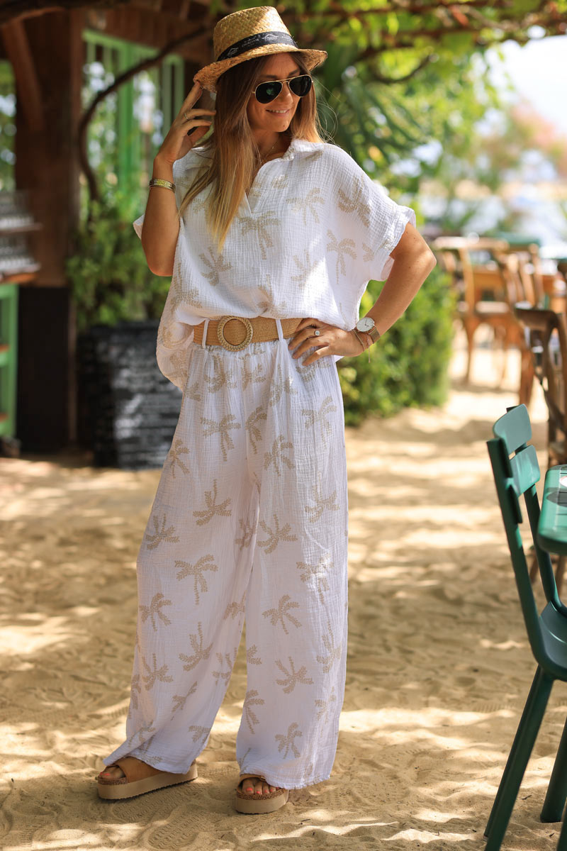 White cotton gauze pants with beige embroidered palm tree