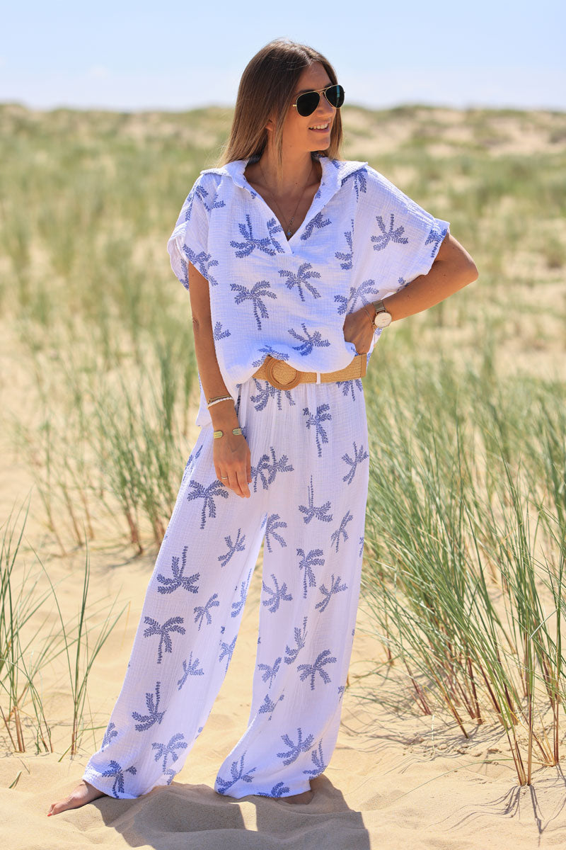 White crinkle cotton gauze pants with dusty blue palm tree print