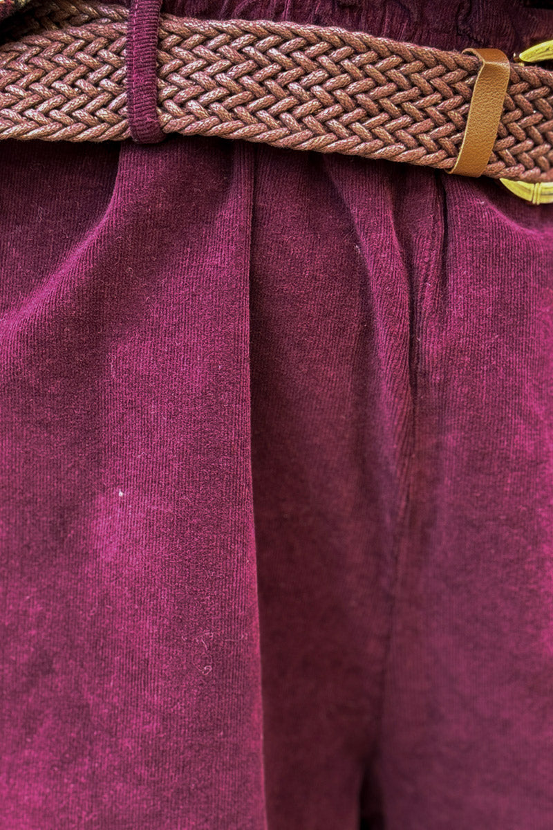 Burgundy Corduroy Paperbag Waist Pants with Woven Belt