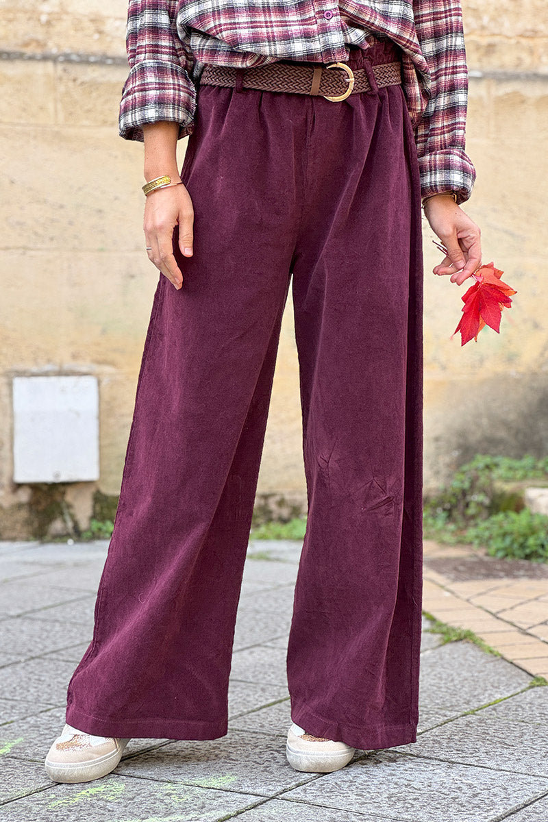 Burgundy Corduroy Paperbag Waist Pants with Woven Belt