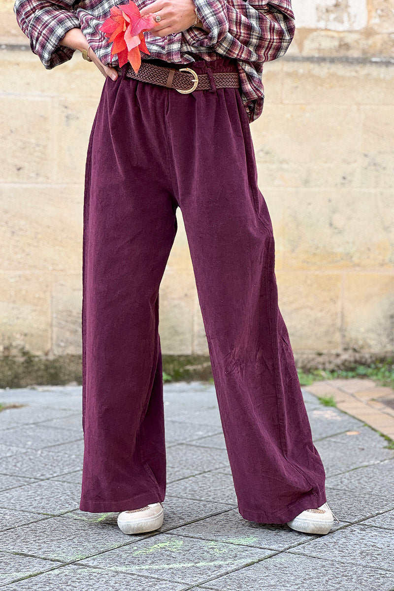 Burgundy Corduroy Paperbag Waist Pants with Woven Belt