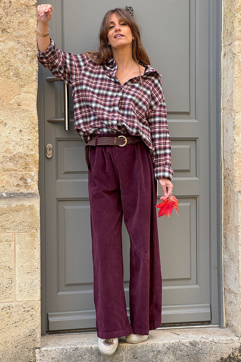 Burgundy Corduroy Paperbag Waist Pants with Woven Belt