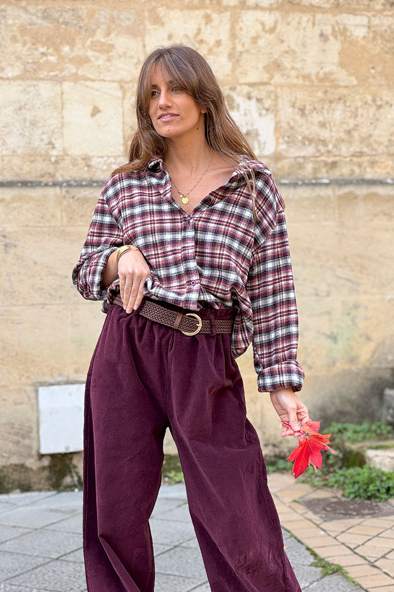Burgundy Corduroy Paperbag Waist Pants with Woven Belt