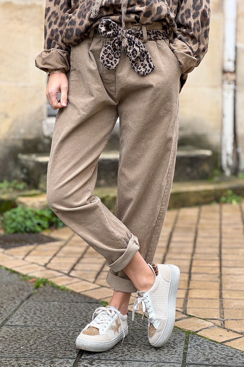 Beige Corduroy Pants with Leopard Sash Belt