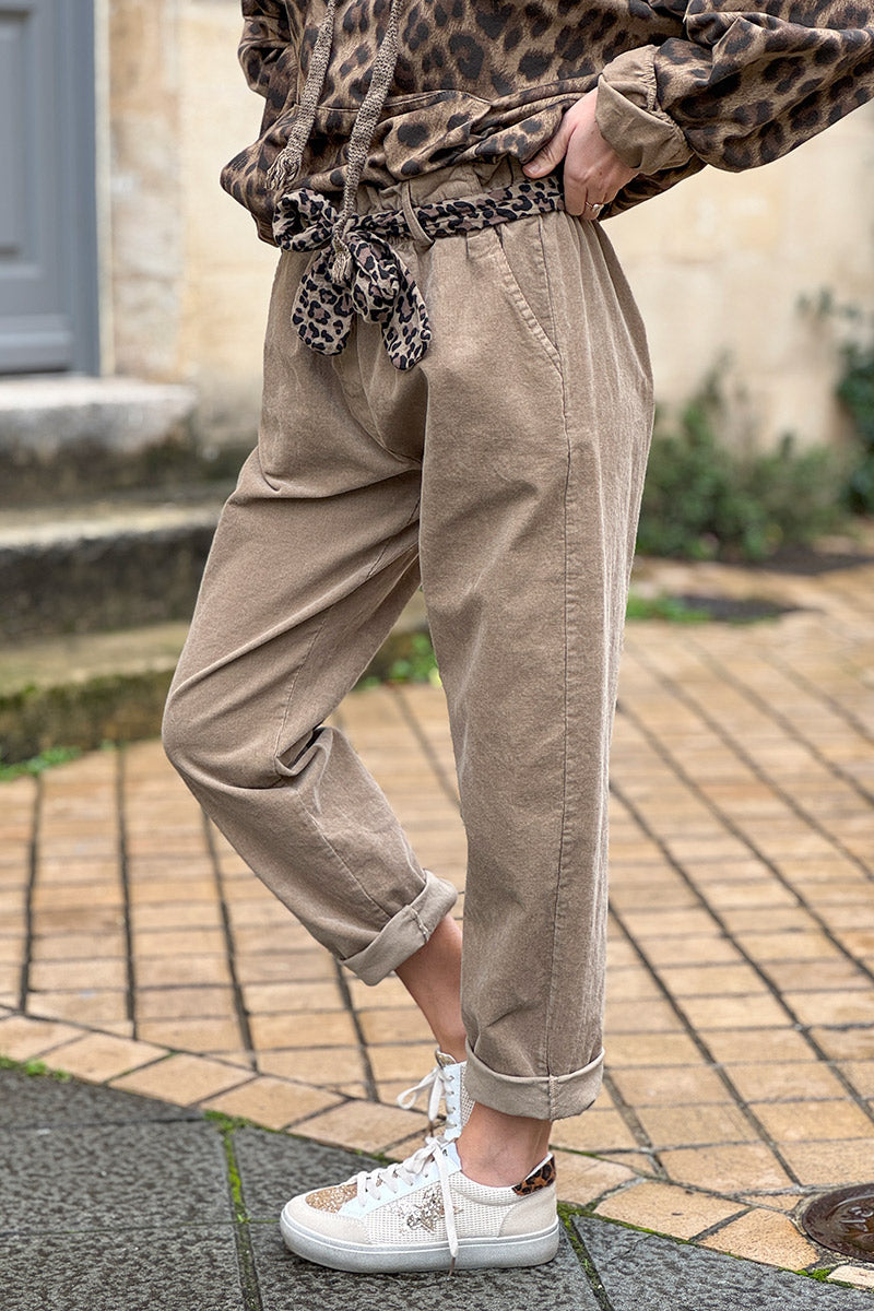 Beige Corduroy Pants with Leopard Sash Belt
