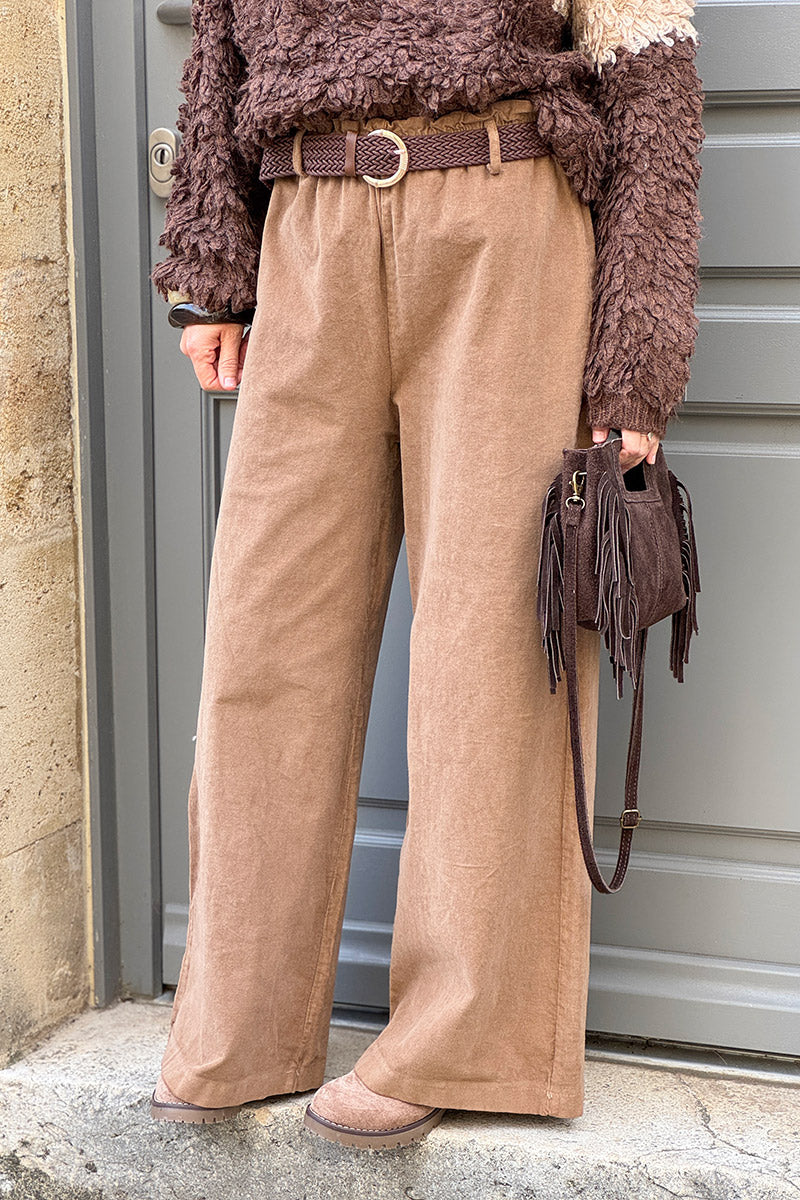 Camel Corduroy Paperbag Waist Pants with Woven Belt