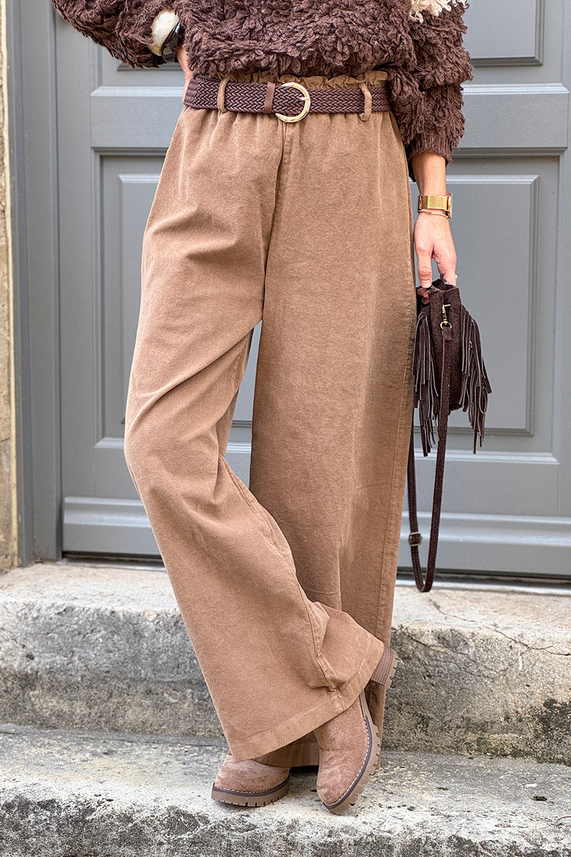 Camel Corduroy Paperbag Waist Pants with Woven Belt