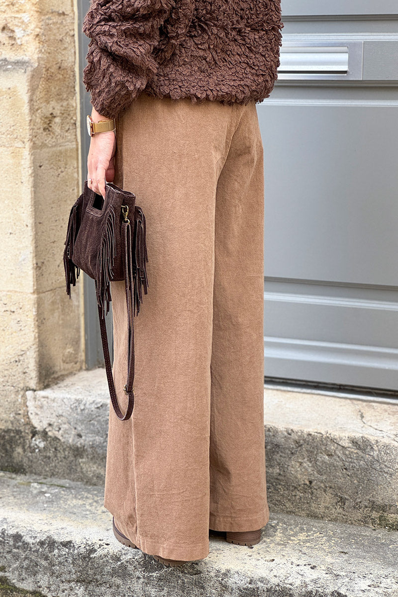 Camel Corduroy Paperbag Waist Pants with Woven Belt