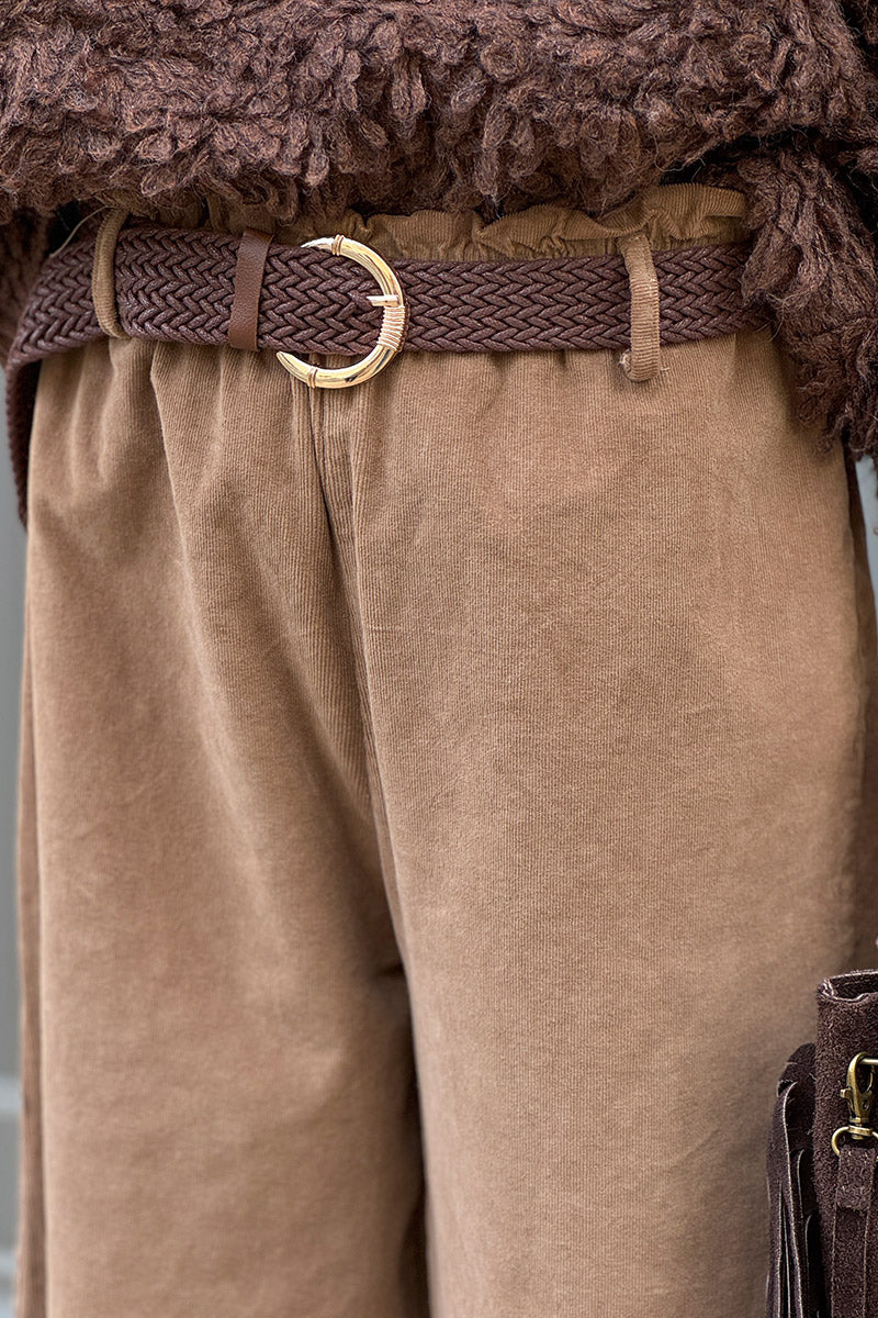 Camel Corduroy Paperbag Waist Pants with Woven Belt