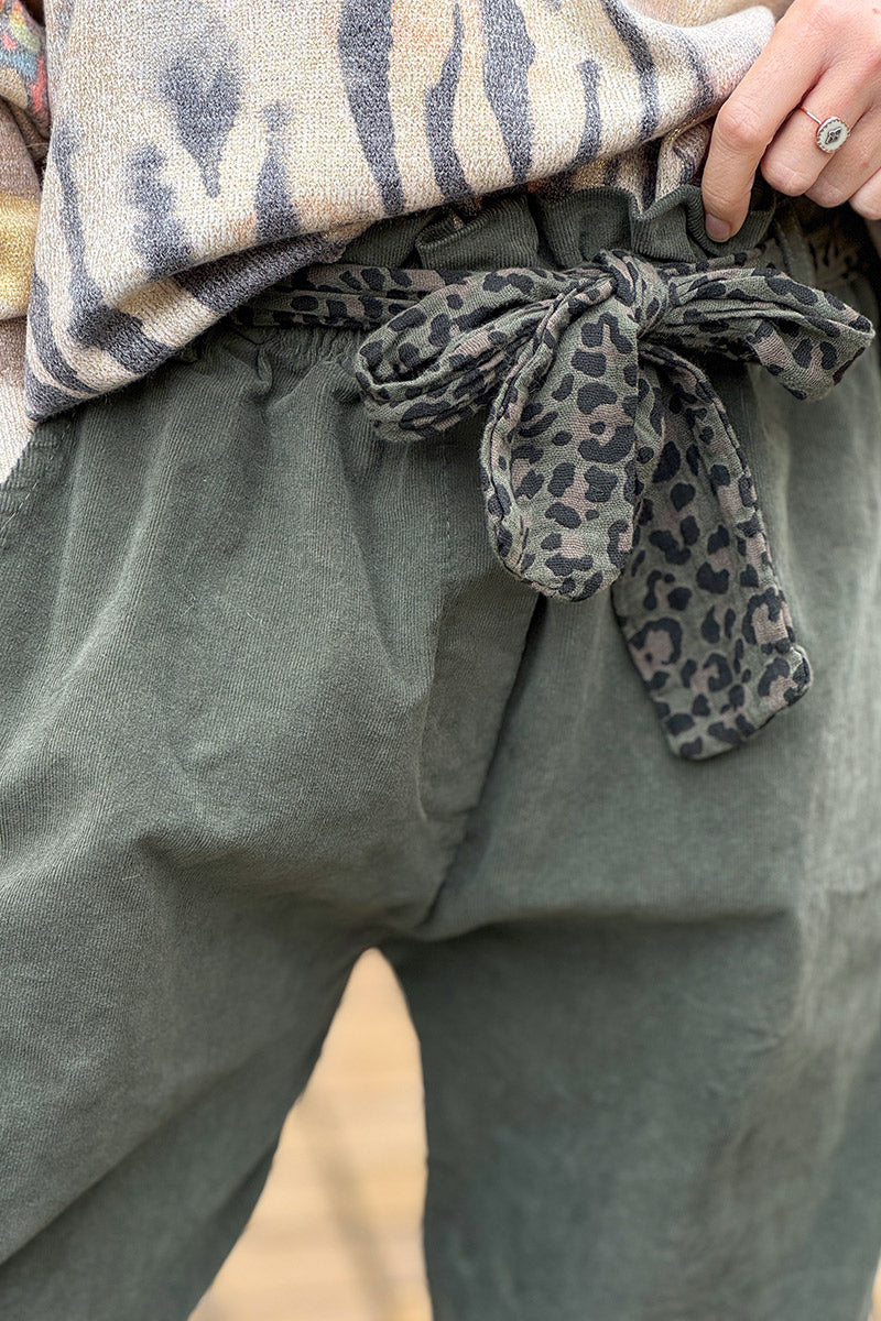 Olive Corduroy Pants with Leopard Sash Belt