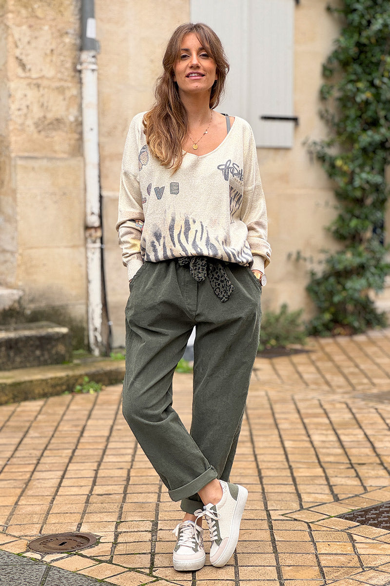 Olive Corduroy Pants with Leopard Sash Belt
