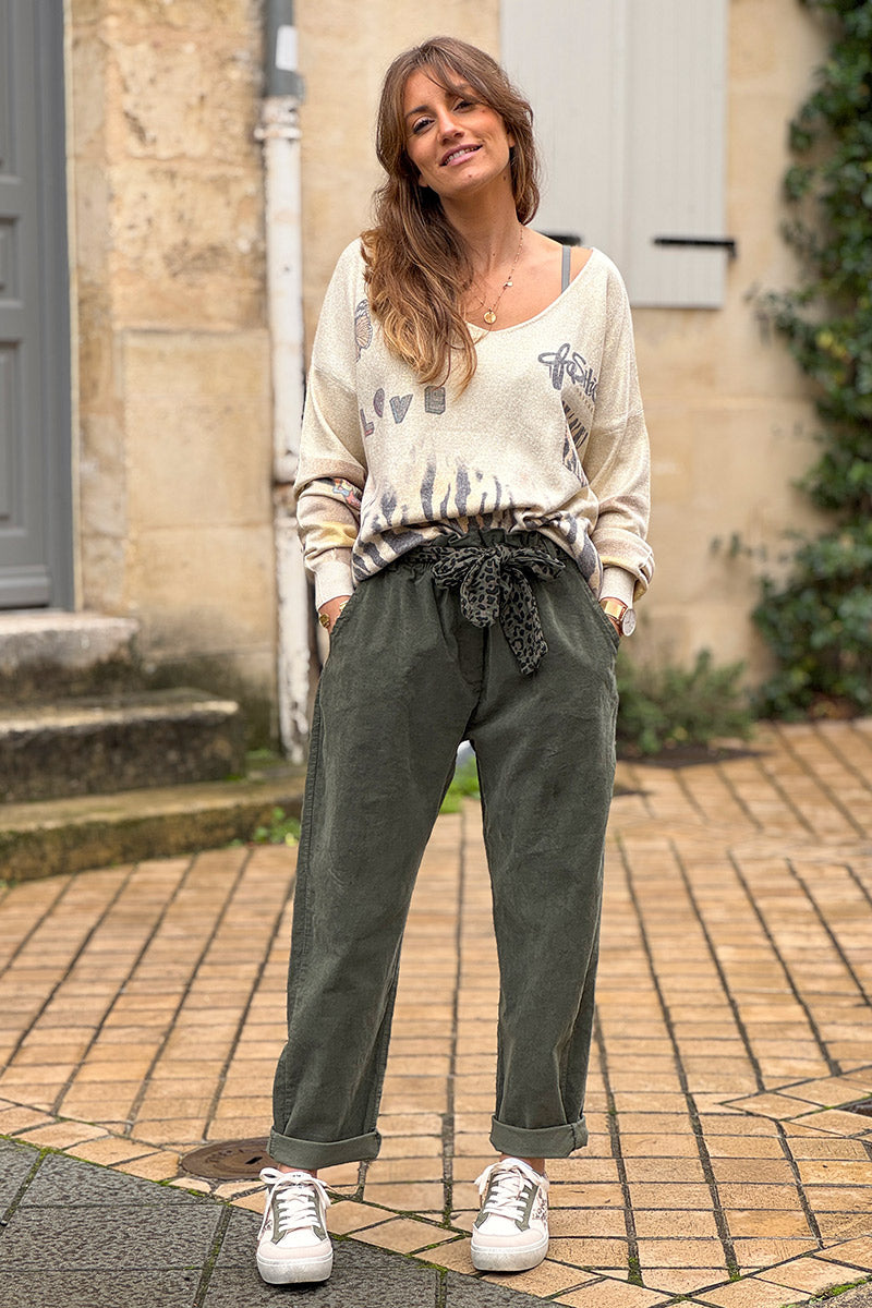 Olive Corduroy Pants with Leopard Sash Belt