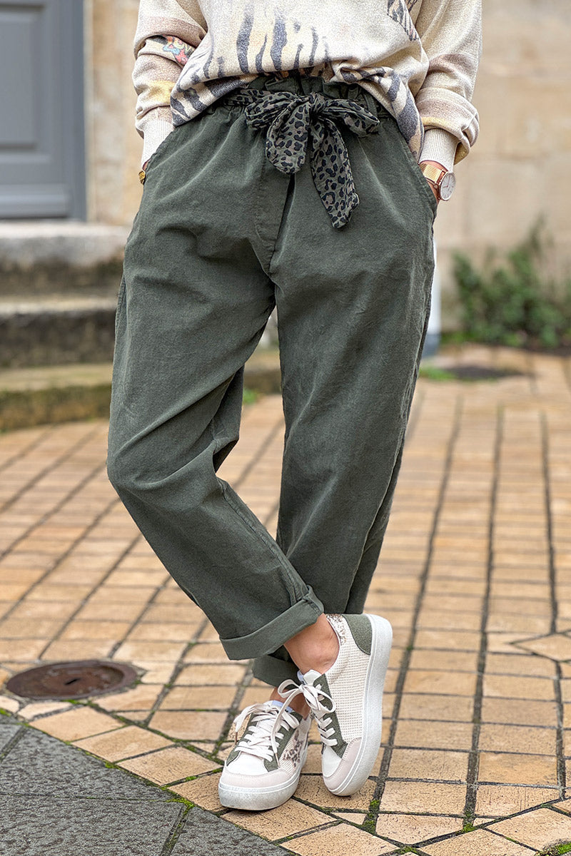 Olive Corduroy Pants with Leopard Sash Belt