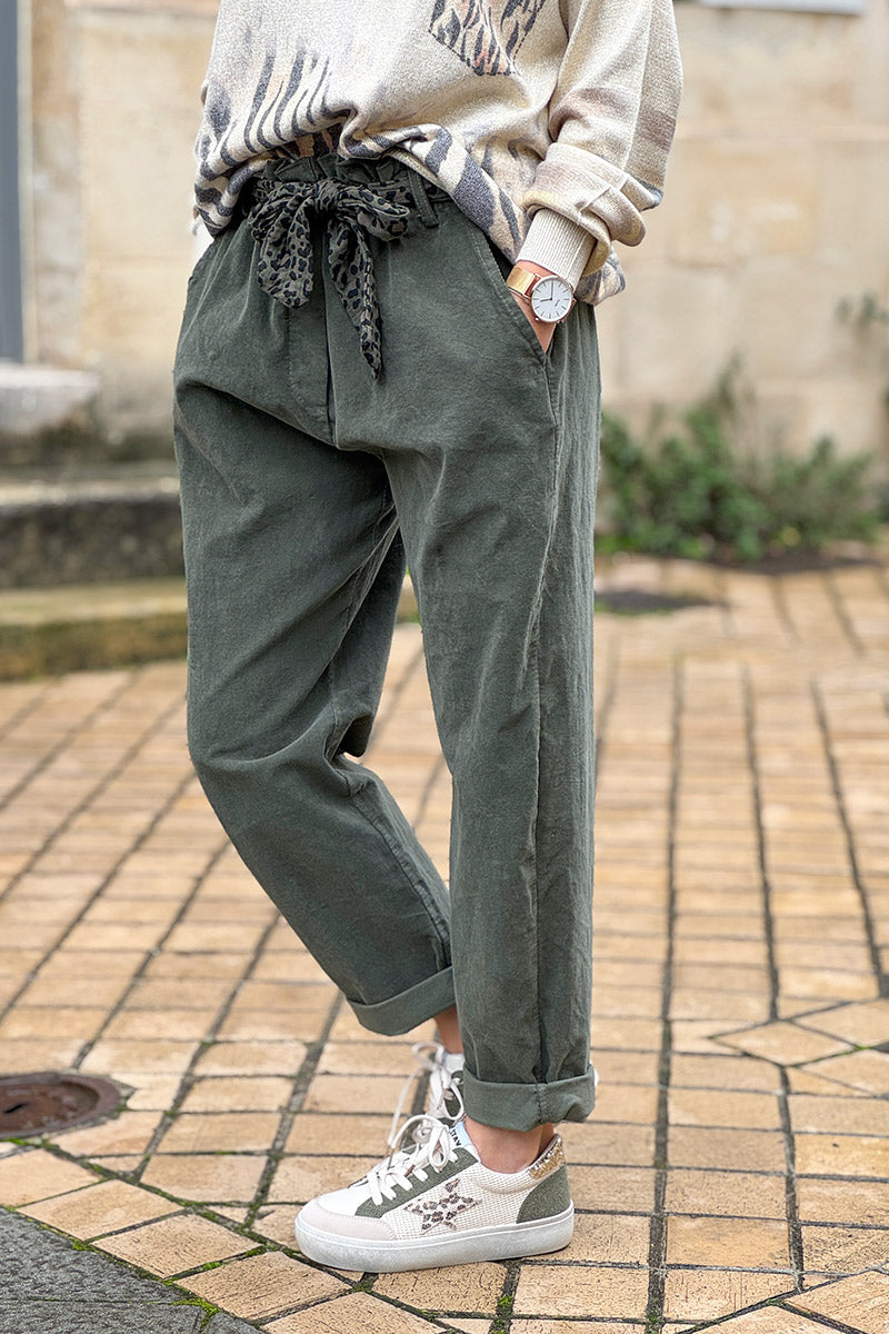 Olive Corduroy Pants with Leopard Sash Belt