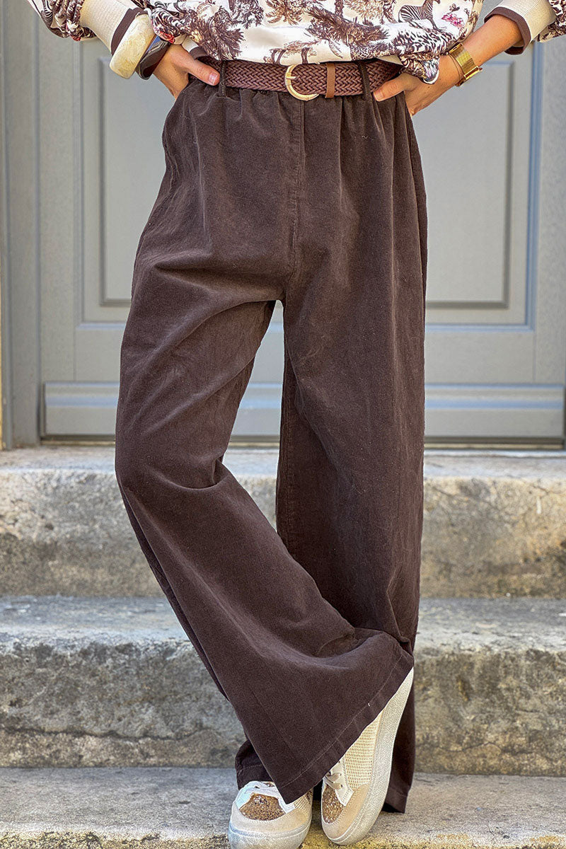 Pantalon en velours côtelé marron stretch coupe large wide leg ceinture tressée