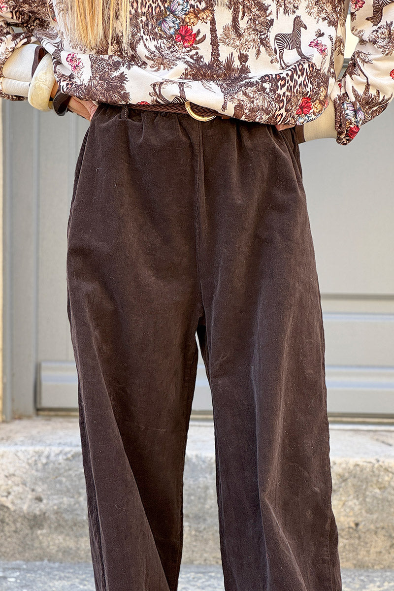Pantalon en velours côtelé marron stretch coupe large wide leg ceinture tressée