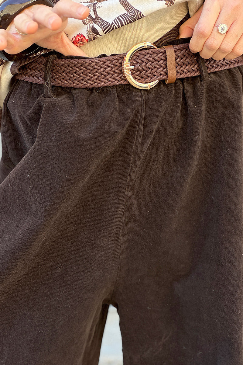 Pantalon en velours côtelé marron stretch coupe large wide leg ceinture tressée