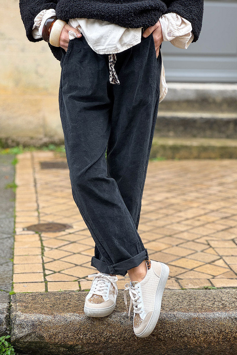 Black Corduroy Pants with Leopard Sash Belt
