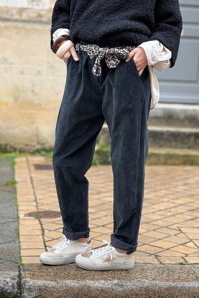 Black Corduroy Pants with Leopard Sash Belt
