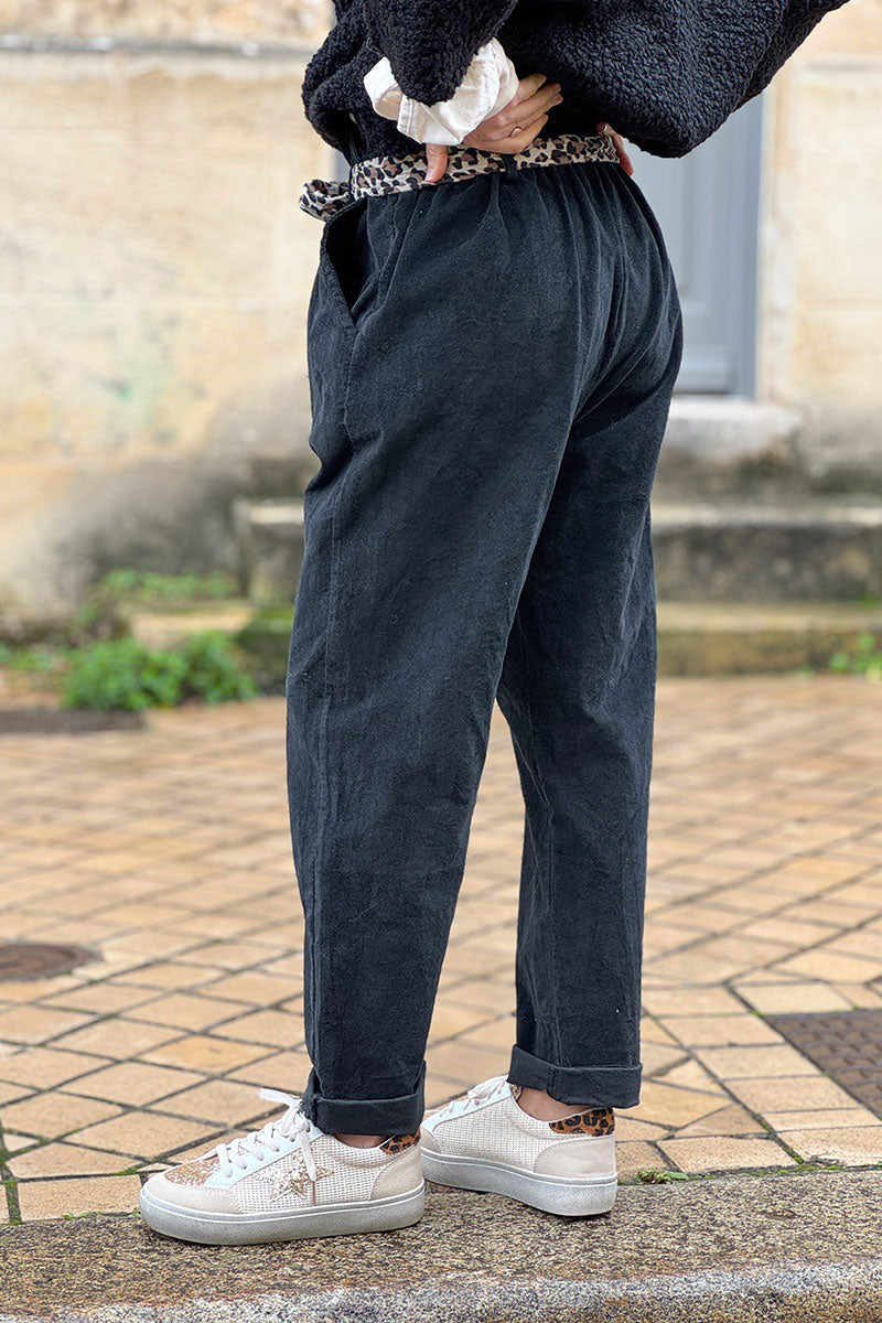 Black Corduroy Pants with Leopard Sash Belt
