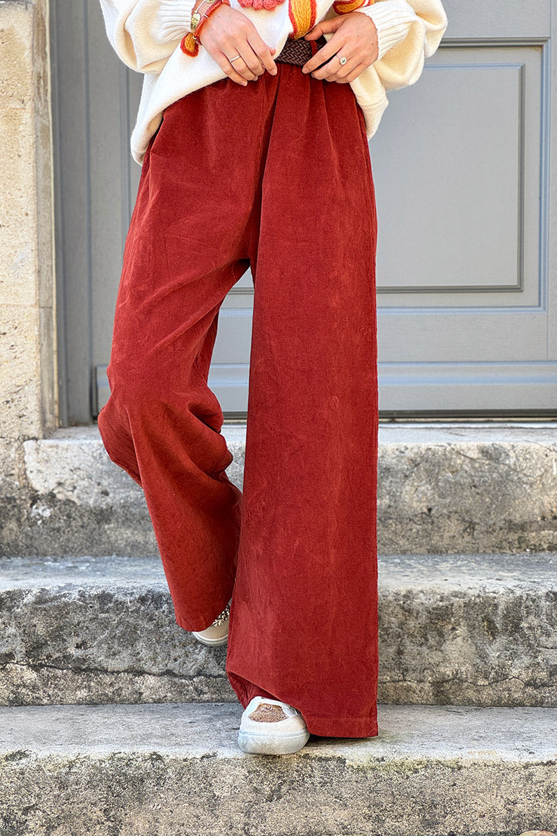 Pantalon en velours côtelé terracotta stretch coupe large wide leg ceinture tressée