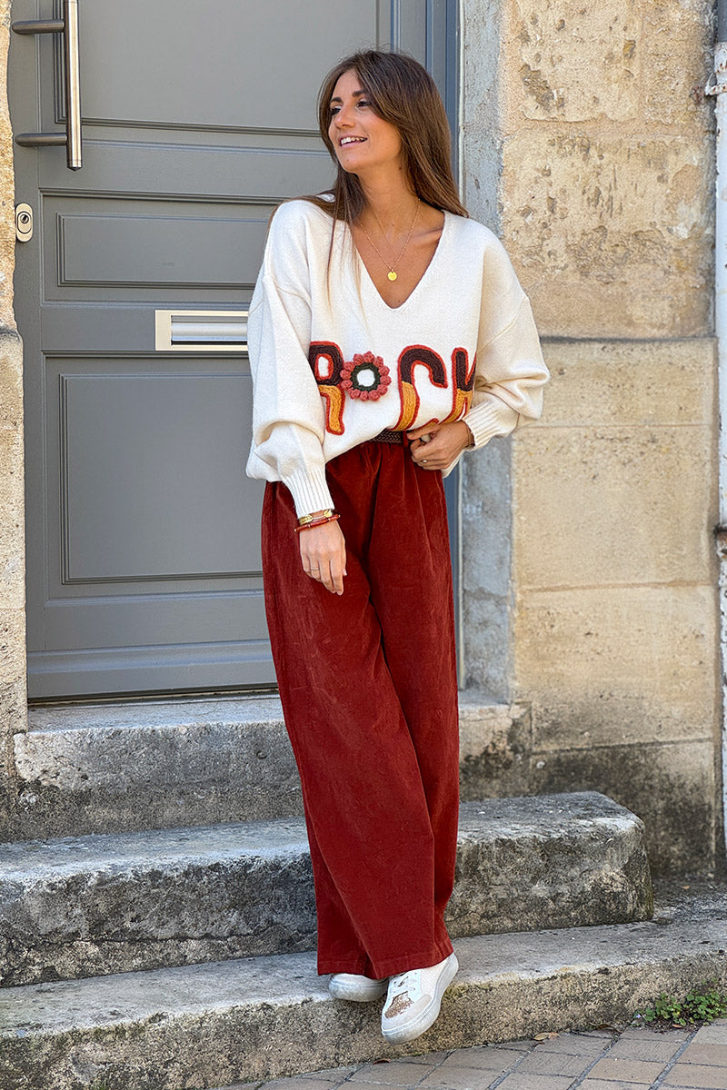 Pantalon en velours côtelé terracotta stretch coupe large wide leg ceinture tressée