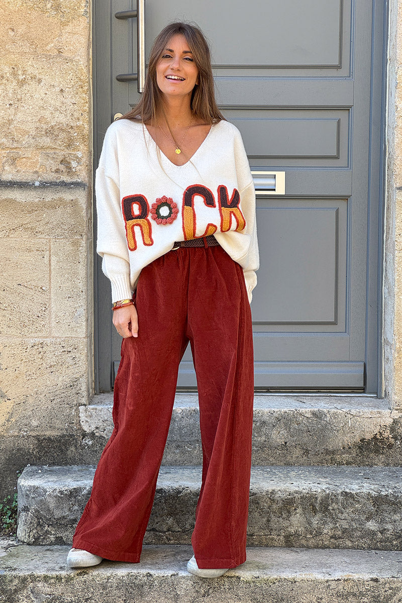 Pantalon en velours côtelé terracotta stretch coupe large wide leg ceinture tressée
