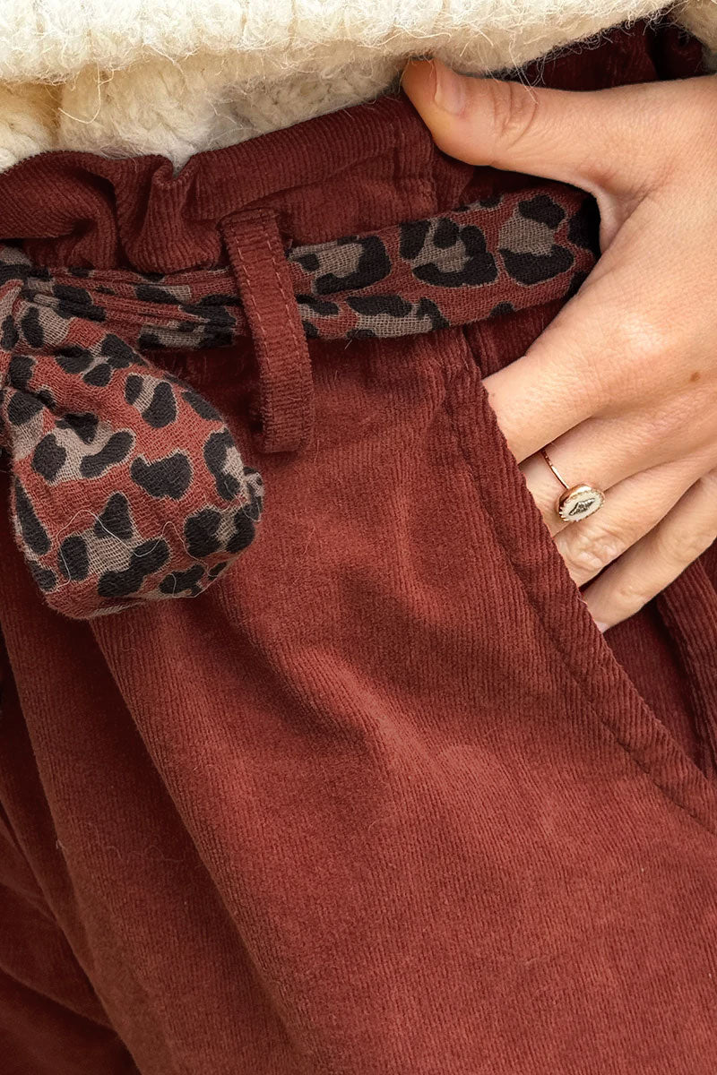 Rust Corduroy Pants with Leopard Sash Belt