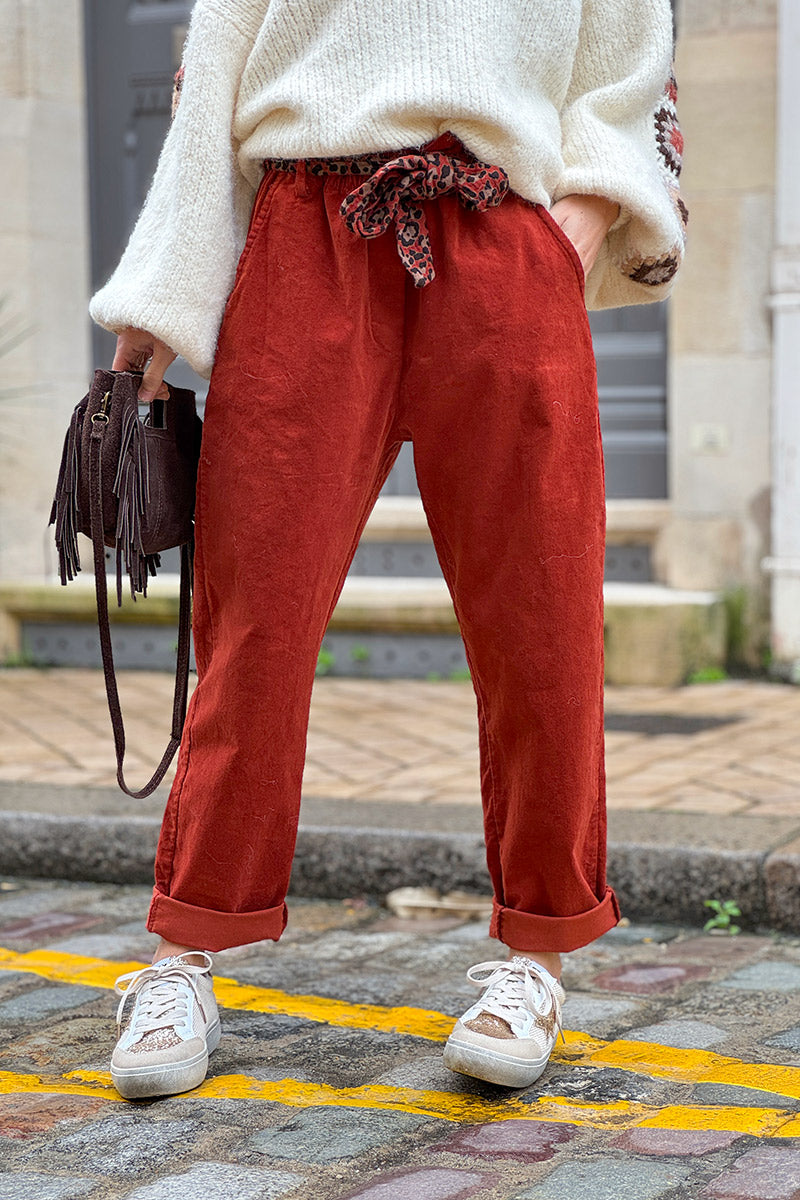Rust Corduroy Pants with Leopard Sash Belt